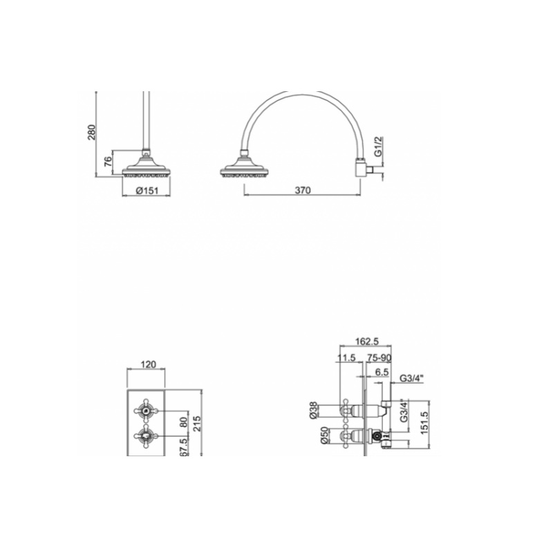 картинка Комплект душевой Trent & Ручка-крестик Claremont (одинарная) BURLINGTON H30-CL, хром от дилера Burlington в Москве