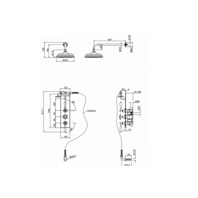 картинка Комплект душевой Clyde & Ручка-крестик Birkenhead (одинарная) BURLINGTON H67-BI, хром от дилера Burlington в Москве