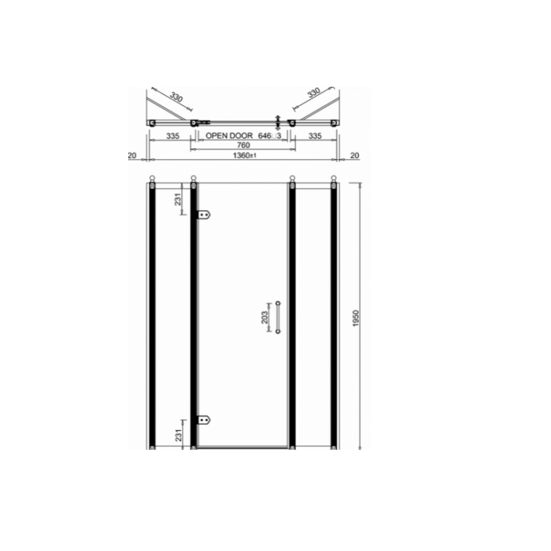 картинка C20+C16+C16 Дверь на петлях 800 мм (760-800 мм) с двумя дополнительными панелями 300 мм (335-355 мм) BURLINGTON C20+C16+C16, хром от дилера Burlington в Москве